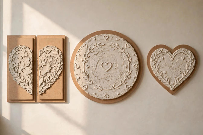 Sunlit beige wall with charming neutral plaster relief wall decor: two vertical panels forming a textured laurel heart, a large round medallion with a carved heart center, and a heart-shaped plaque — rustic heart-motif wall art.
