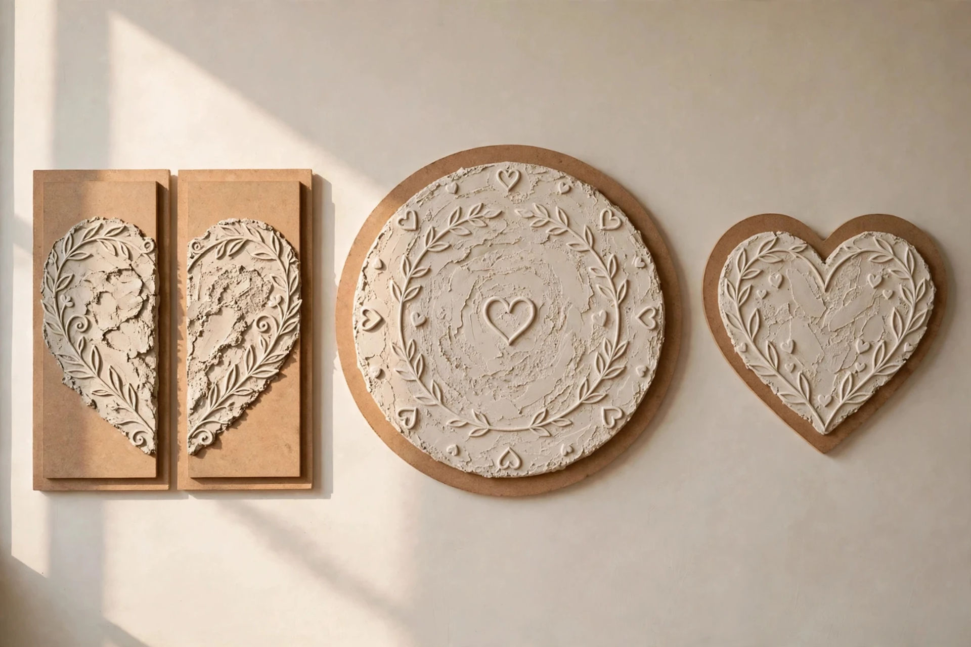 Sunlit beige wall with charming neutral plaster relief wall decor: two vertical panels forming a textured laurel heart, a large round medallion with a carved heart center, and a heart-shaped plaque — rustic heart-motif wall art.