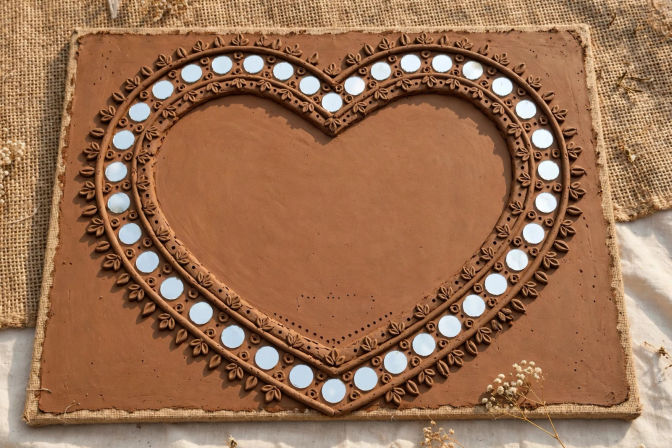 Handmade terracotta heart plaque with mirrored circular mosaic and floral clay trim on burlap — rustic boho wall decor