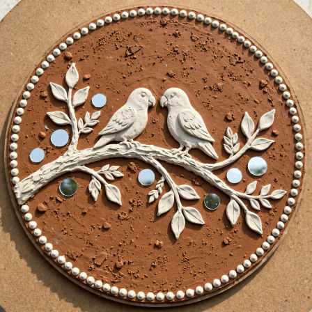 Round terracotta plaque with white clay relief of two birds on a leafy branch, small mirror discs and a dotted bead border — rustic handmade bird-themed wall art/garden decor.