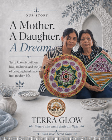 Mother and daughter artisans in a bright studio holding colorful handmade mandala and geometric wall art pieces, styled with decorative bowls and carved Indian-inspired backdrop — artisan home decor.