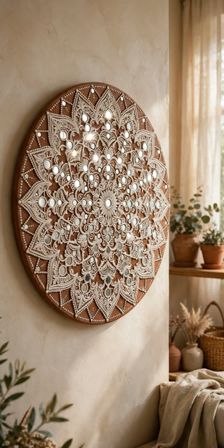 Boho round carved wood mandala wall art with white filigree and sparkling mirror inlays on a beige plaster wall, sunlit neutral living room vignette with potted plants and cozy textiles.