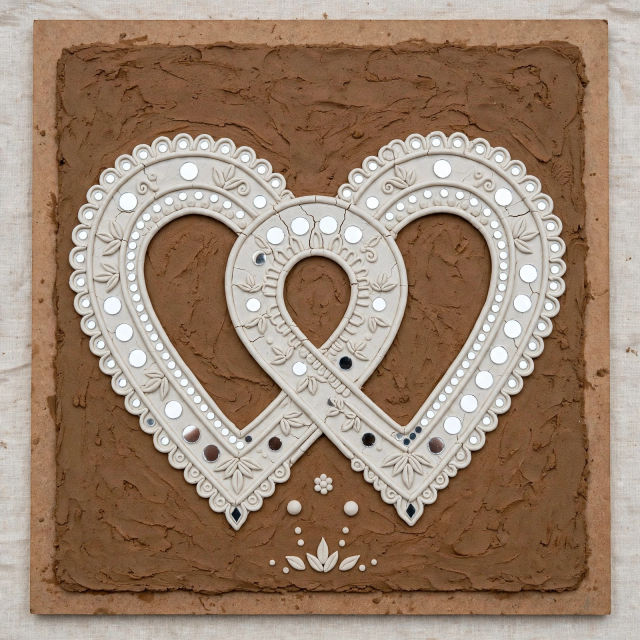 Interlocking white ceramic heart mosaic with small mirrored dots and floral carvings mounted on a textured brown clay panel — handmade boho wall art, rustic neutral home décor