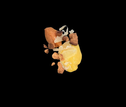 Close-up of a playful plated dessert: bright yellow mango-like puree with caramel-brown cookie crumbles and white coconut shavings on a black background.