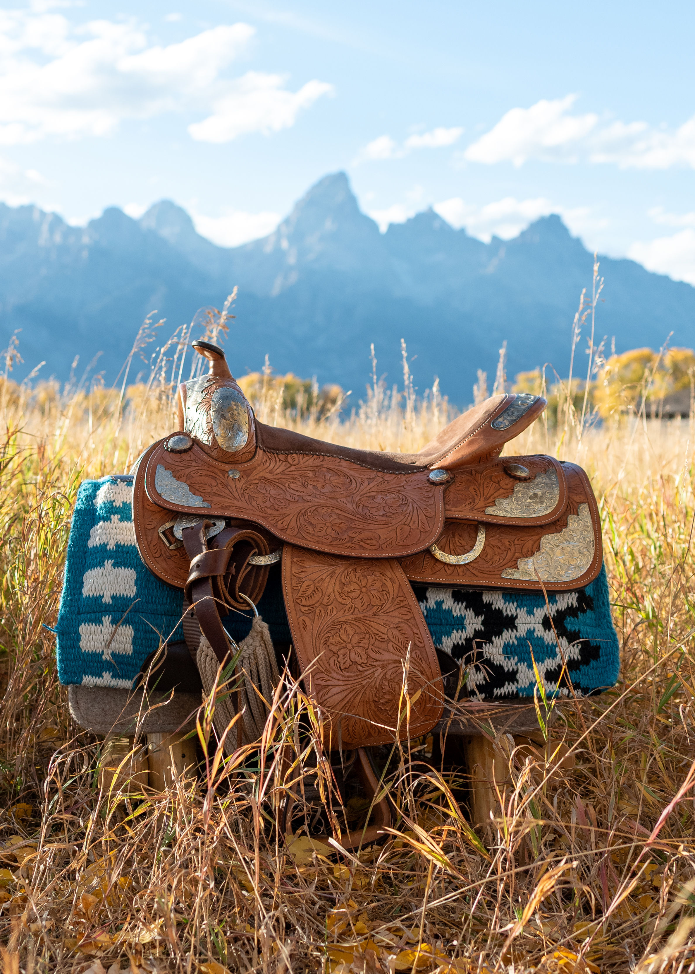 Tooled leather western saddle on a turquoise patterned saddle blanket in a golden autumn meadow with jagged blue mountain peaks in the background