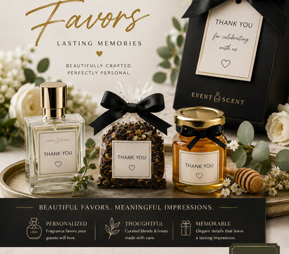Chic wedding favor display: glass perfume bottle, tied herbal tea sachet, mini honey jar and black gift box with “Thank You” tag, styled with white flowers and eucalyptus.