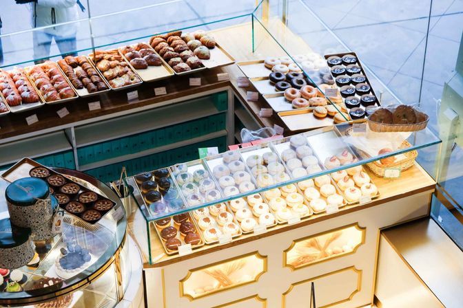 Tempting glass bakery display filled with assorted pastries—glazed and chocolate donuts, croissants, cream-filled buns, tarts and cookies—neatly arranged on trays in a bright modern café