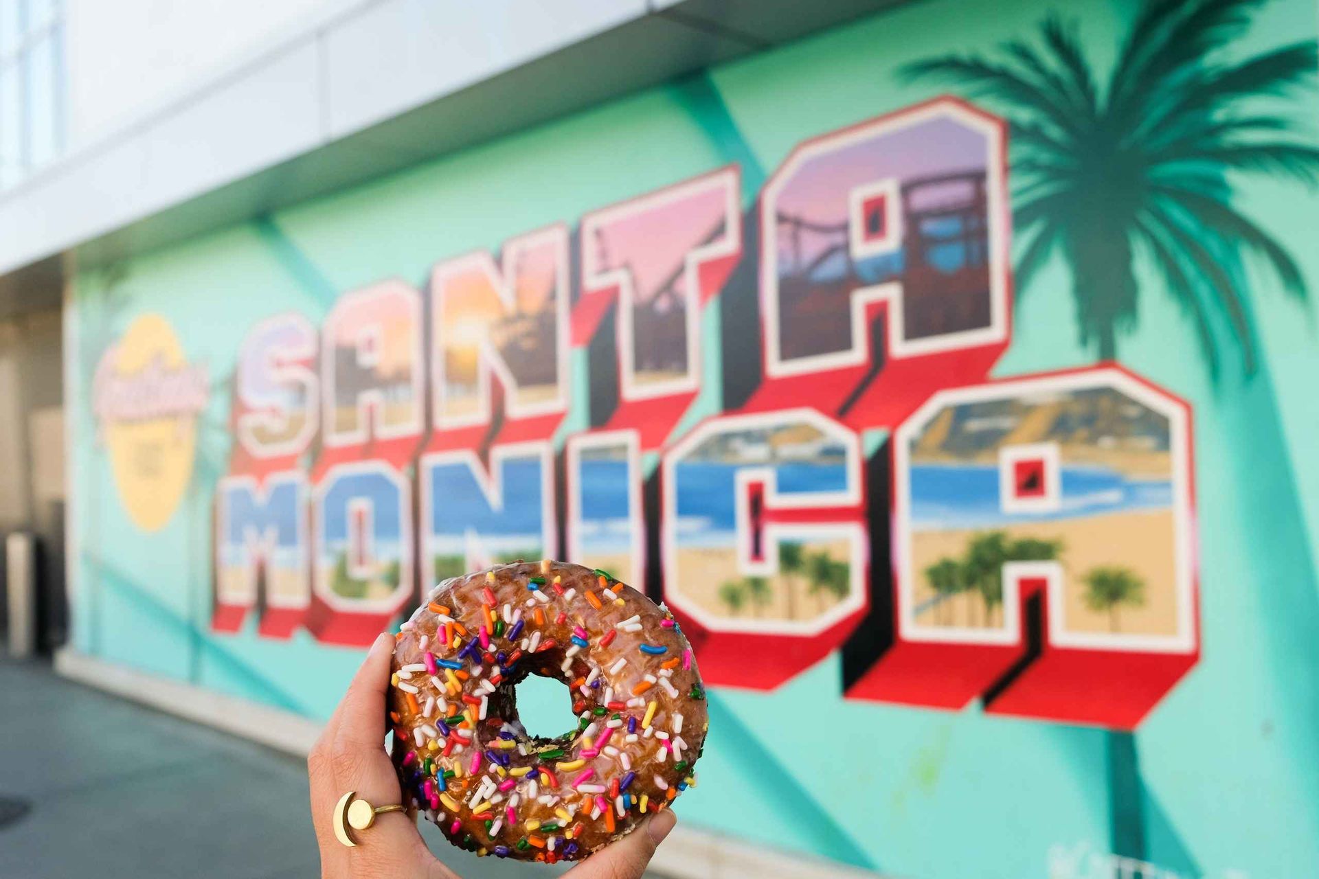 Hand holding a sprinkle-topped chocolate donut in front of a colorful Santa Monica mural depicting beach, pier and palm trees.