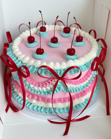 Pastel pink and turquoise ruffled layer cake with white piped borders, cherries on blue frosting rosettes, and red satin ribbon bows, presented in a white cake box — festive celebration dessert.