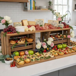 Rustic charcuterie and cheese grazing table on a kitchen island with layered wooden crates displaying assorted cheeses, cured meats, grapes, apples, mini quiches, olives, strawberries and fresh flowers.