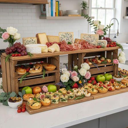 Rustic charcuterie and cheese grazing table on a kitchen island with layered wooden crates displaying assorted cheeses, cured meats, grapes, apples, mini quiches, olives, strawberries and fresh flowers.