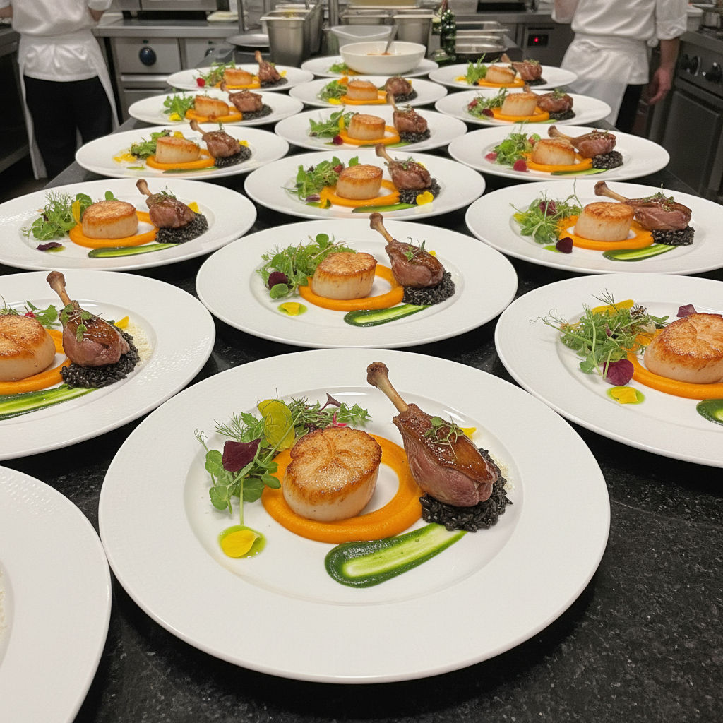 Row of fine-dining plates in a restaurant kitchen: seared scallop and confit duck leg on carrot purée with black lentils, green herb smear and microgreens, ready for tasting-menu service.