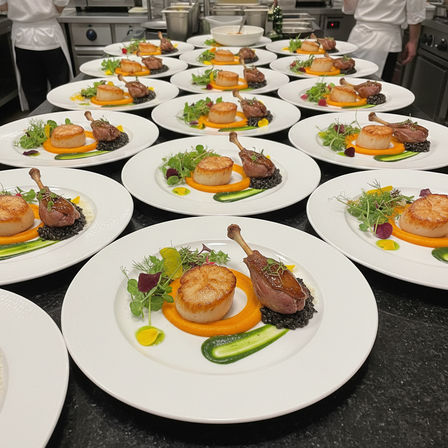 Row of fine-dining plates in a restaurant kitchen: seared scallop and confit duck leg on carrot purée with black lentils, green herb smear and microgreens, ready for tasting-menu service.