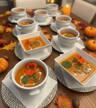 Autumn dining table with white bowls of creamy butternut squash soup garnished with orange edible flowers, pumpkin seeds, cream swirls and herbs, surrounded by mini pumpkins and fall leaves.
