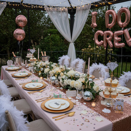 Outdoor garden bachelorette table under a draped gazebo with rose-gold "I DO CREW" balloons, pink sequined runner, white rose centerpiece, cupcakes, champagne buckets, gold chargers and fairy lights