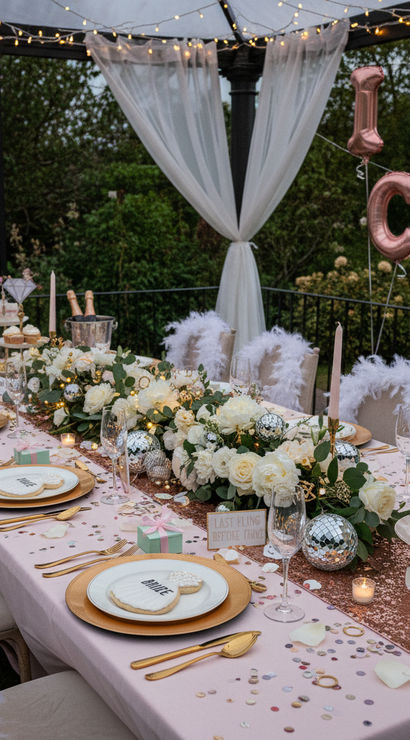 Outdoor garden bachelorette table under a draped gazebo with rose-gold "I DO CREW" balloons, pink sequined runner, white rose centerpiece, cupcakes, champagne buckets, gold chargers and fairy lights
