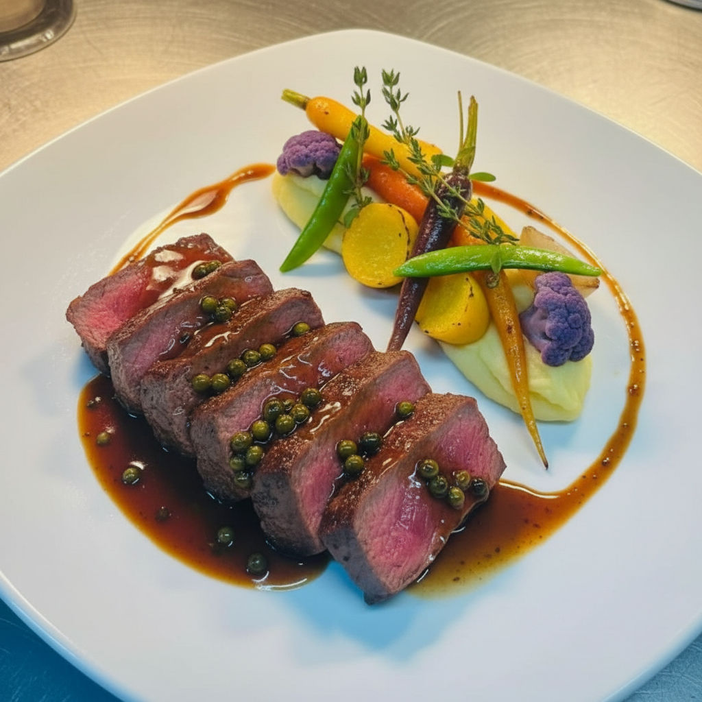 Gourmet sliced medium-rare steak drizzled with green peppercorn jus, served with creamy mashed potatoes, heirloom carrots, purple cauliflower and snap peas on a white plate