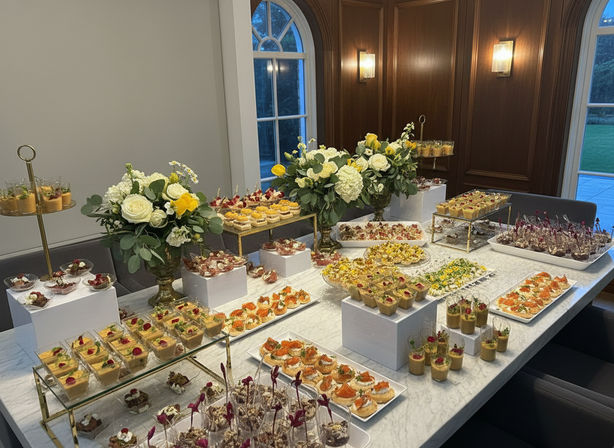 Elegant indoor buffet on a marble table with assorted canapés, mini desserts, and yellow-white floral centerpieces beneath arched windows.