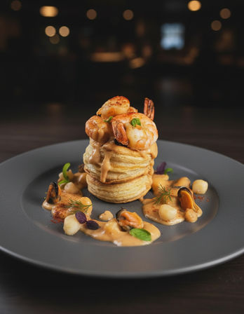 Gourmet seafood stack of golden puff pastry rounds topped with seared shrimp and mussels, drizzled with creamy seafood sauce and microgreens on a dark plate in a dim bistro setting