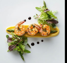 Three grilled shrimp atop asparagus and a smooth yellow purée, garnished with mixed microgreens and balsamic reduction dots on a white plate — chef-plated gourmet seafood appetizer.