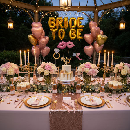 Outdoor garden gazebo bridal shower table — pink-and-gold “Bride to Be” balloons, tiered cake, rose bouquets, gold candelabras, and a sparkling table runner