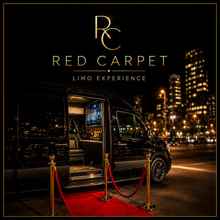 Luxury black limo van parked on a city street at night with red carpet and gold stanchions, open door revealing a plush lounge and screen, skyline lights in the background.