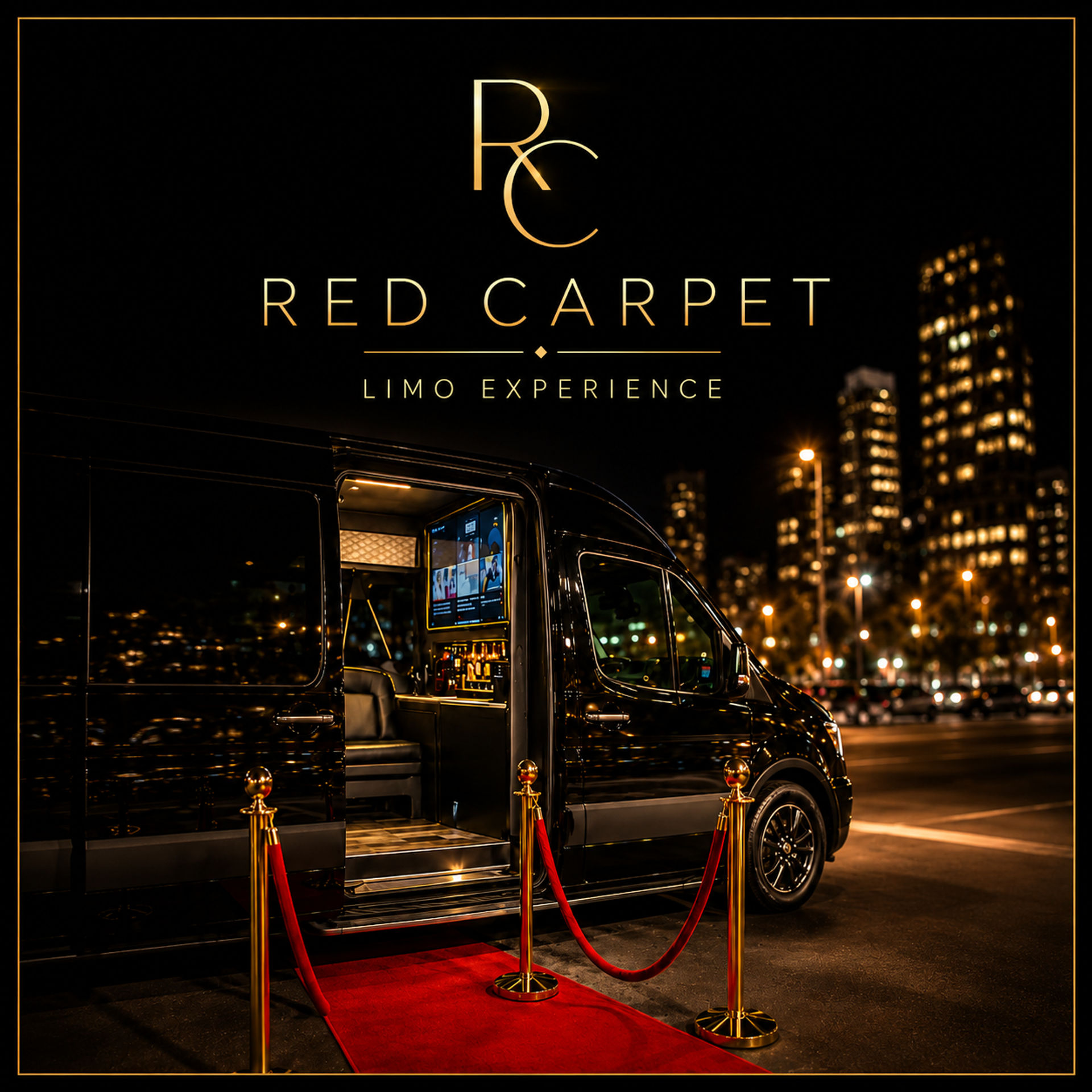 Luxury black limo van parked on a city street at night with red carpet and gold stanchions, open door revealing a plush lounge and screen, skyline lights in the background.
