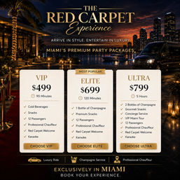 Glamorous nighttime Miami waterfront with lit palms, red carpet entrance, luxury van and yacht beside a skyline, overlaid pricing cards for VIP $499, Elite $699 and Ultra $799 party packages listing champagne, snacks, 12 passengers, professional chauffeur and red carpet welcome.