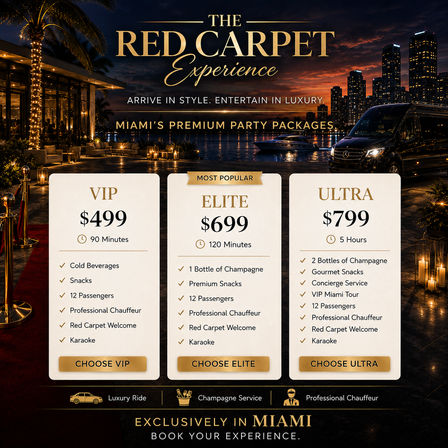 Glamorous nighttime Miami waterfront with lit palms, red carpet entrance, luxury van and yacht beside a skyline, overlaid pricing cards for VIP $499, Elite $699 and Ultra $799 party packages listing champagne, snacks, 12 passengers, professional chauffeur and red carpet welcome.