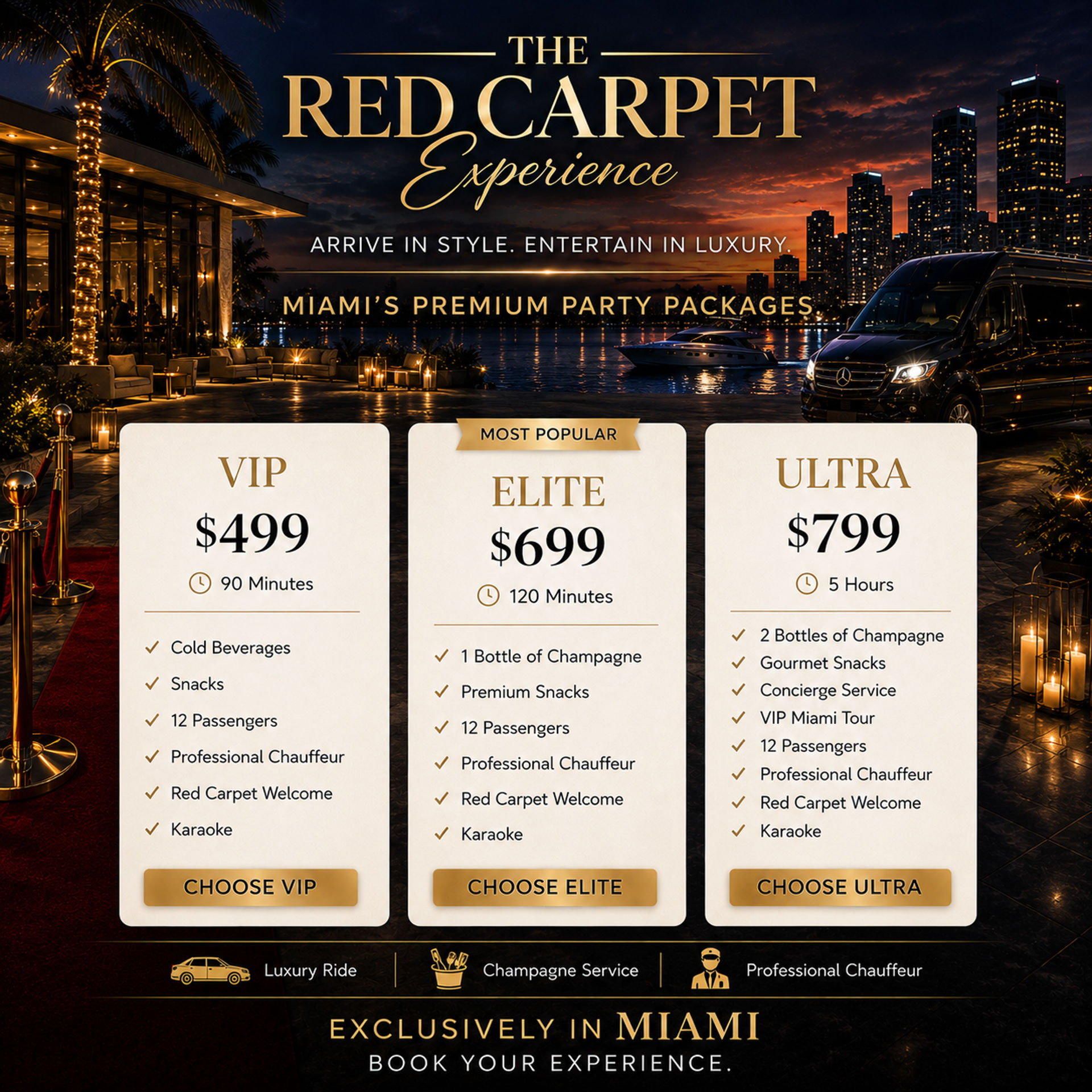 Glamorous nighttime Miami waterfront with lit palms, red carpet entrance, luxury van and yacht beside a skyline, overlaid pricing cards for VIP $499, Elite $699 and Ultra $799 party packages listing champagne, snacks, 12 passengers, professional chauffeur and red carpet welcome.
