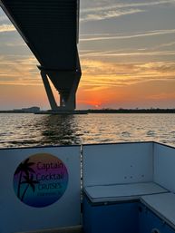 Sunset under a massive bridge in Charleston, SC, viewed from a small cruise boat with a colorful palm-logo panel; orange-pink sky and rippling water reflecting the sun.