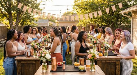 Lively summer backyard garden party with women chatting at rustic wooden bar tables under string lights, floral centerpieces and cocktails.