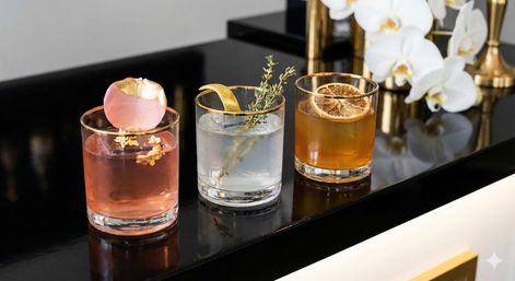 Three craft cocktails on a glossy black bar counter: a pink drink garnished with a gold-edged rose petal and edible gold flakes, a clear cocktail with a lemon twist and thyme sprig, and an amber cocktail topped with a dried citrus wheel, white orchids blurred in the background.