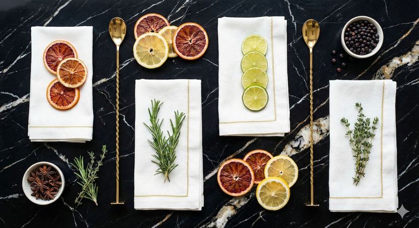 Flat-lay of cocktail garnishes on black marble — white linen napkins with rosemary and thyme, lime and blood orange slices, star anise, juniper berries and twisted gold bar spoons.