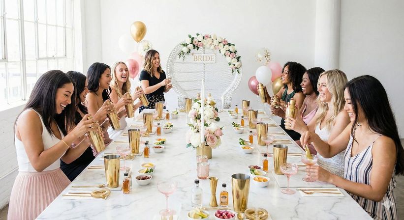 Sunlit bridal-shower cocktail party in a bright loft: bride-to-be in a floral-decorated peacock chair and a group of women at a long white marble table mixing drinks with gold shakers, surrounded by pink-and-gold balloons and pastel rose centerpieces.
