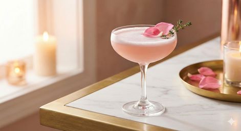 Pink frothy cocktail in a coupe glass garnished with a rose petal and thyme on a marble tabletop beside a brass tray and lit candles in a warm, romantic setting.