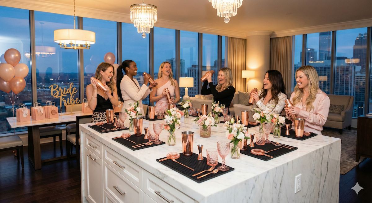 Bachelorette party in a luxury downtown high-rise condo at dusk, women laughing around a marble kitchen island shaking rose-gold cocktail shakers with floral centerpieces, balloons, and a “Bride Tribe” sign against floor-to-ceiling city skyline windows.