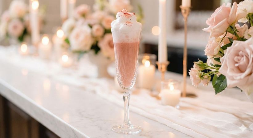 Pink frothy cocktail in a crystal champagne flute on a marble countertop, surrounded by blush roses, flickering candles and a soft romantic tablescape.