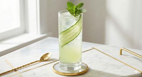 Sunlit cucumber-mint highball cocktail with a cucumber ribbon and mint sprig in a tall glass on a gold-rimmed coaster, on a marble table beside a twisted gold spoon