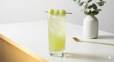Refreshing pale-green melon highball with ice in a tall glass, topped with three melon balls on a gold skewer, styled on a white tabletop next to a gold bar spoon and a small white vase with eucalyptus.
