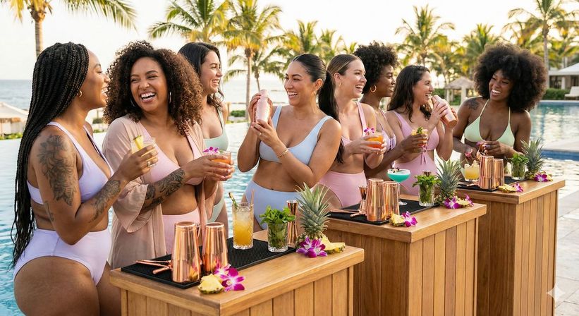 Smiling women in colorful swimsuits mixing cocktails at wooden tiki bars by an oceanfront tropical resort pool, surrounded by palm trees, pineapples and orchids.