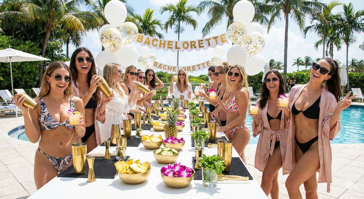 Tropical poolside bachelorette party — women in swimwear gathered around a long table with gold cocktail shakers, bowls of pineapple and flowers, cocktails, white balloons and a “Bachelorette” banner under palm trees.