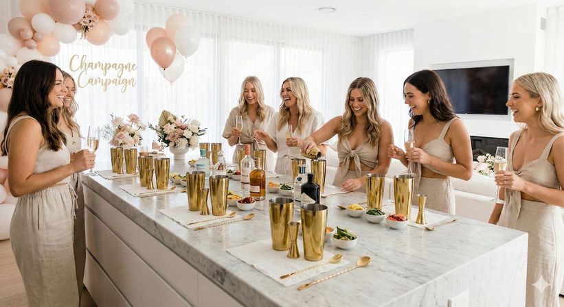 Sunlit modern kitchen party with a group of women in neutral linen outfits gathered around a marble island mixing cocktails and holding champagne flutes, gold shakers and barware, pink and white balloons and floral arrangements for a celebratory brunch