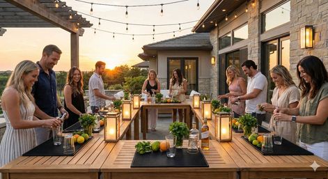 Friends mixing cocktails at a sunset suburban backyard patio with wooden bar stations, lanterns, string lights, and fresh citrus and herbs.