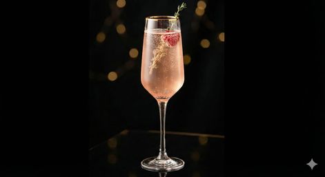 Elegant sparkling pink cocktail in a champagne flute garnished with a raspberry and thyme sprig, bubbles rising against a dark background with warm bokeh lights