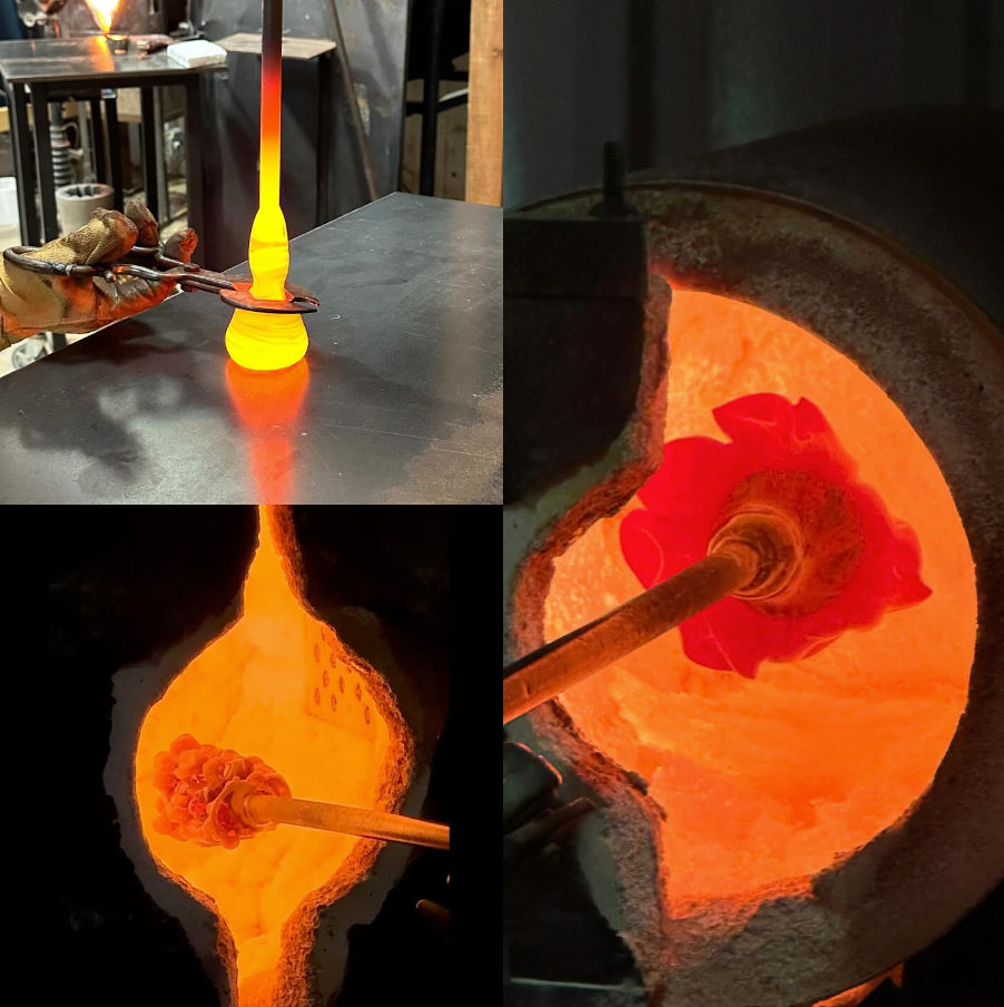 Three-panel glassblowing collage: glowing molten glass on a rod held with tongs on a metal bench, a red flower-like gather inside an orange-hot furnace, and a glowing molten bubble being shaped on a rod in a glassblowing studio workshop.