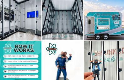 Teal mobile 3D photo booth trailer and empty interior with vertical camera rigs, step-by-step instructions graphic, and a sample 3D-printed figurine of people posing.