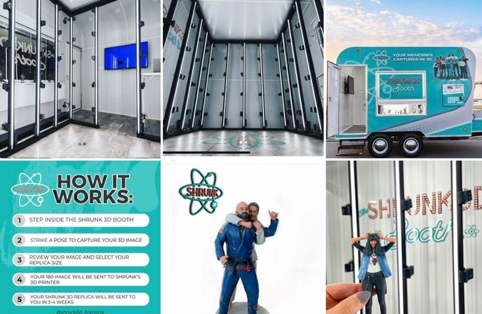 Teal mobile 3D photo booth trailer and empty interior with vertical camera rigs, step-by-step instructions graphic, and a sample 3D-printed figurine of people posing.