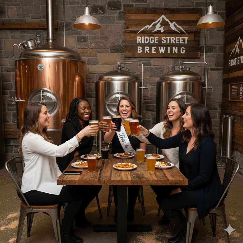 Five friends clinking pints in a rustic craft-brewery taproom with large stainless fermenters and a wooden table, enjoying snacks and a bachelorette celebration.