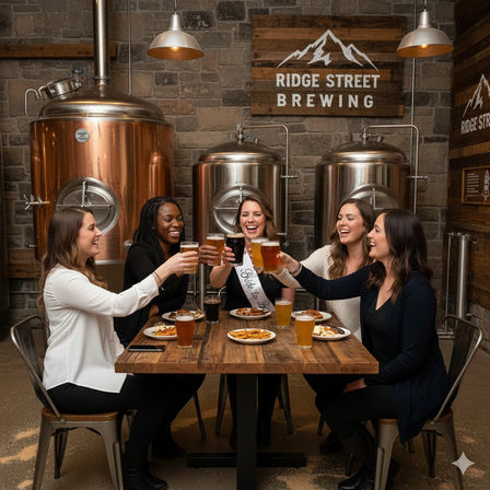 Five friends clinking pints in a rustic craft-brewery taproom with large stainless fermenters and a wooden table, enjoying snacks and a bachelorette celebration.